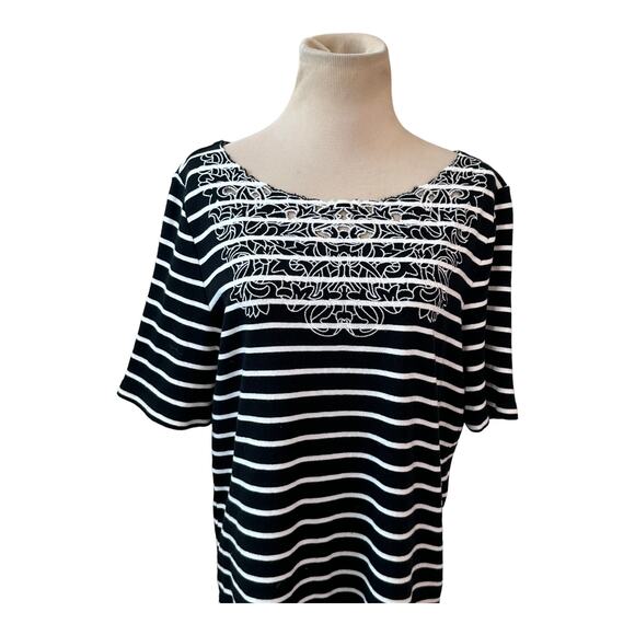 Rafaella black striped embroidered short sleeves top size large - Picture 6 of 9